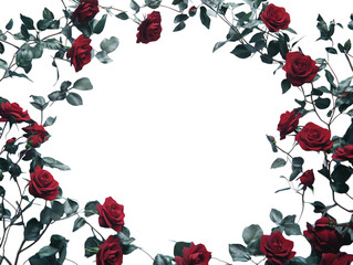 Red roses forming a floral frame with empty white space in the middle.  PNG transparent.