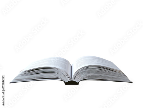 Open blank book with white pages, laying flat and isolated on a light surface. PNG transparent.