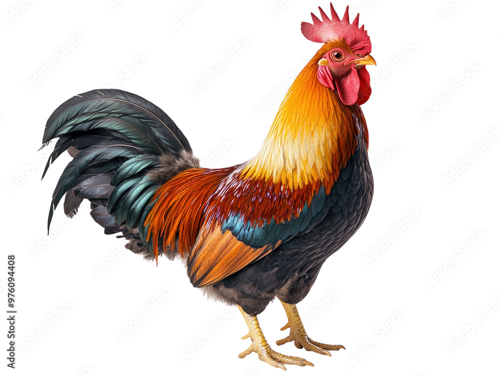 Colorful rooster standing tall with its vibrant plumage, isolated on white. PNG transparent. Colorful rooster standing tall with its vibrant plumage, isolated on white. PNG transparent.