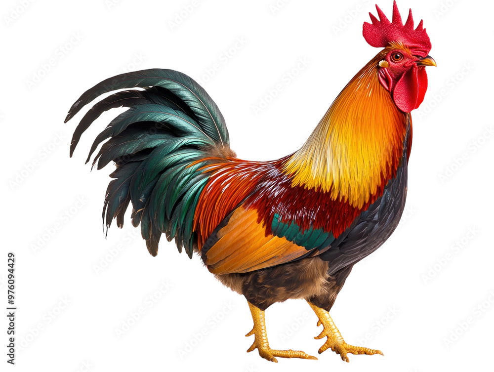 Colorful rooster standing tall with its vibrant plumage, isolated on white. PNG transparent. Colorful rooster standing tall with its vibrant plumage, isolated on white. PNG transparent.