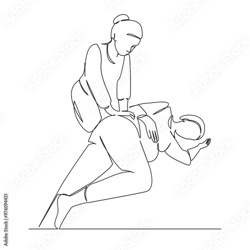 One continuous single drawing line art flat doodle  women, horizontal, massage, osteopath, pregnant, only pregnant women. Isolated image hand draw contour on a white background
