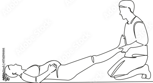 One continuous single drawing line art flat doodle horizontal, women, pregnant, adults, exercises, foot massage, osteopath. Isolated image hand draw contour on a white background
