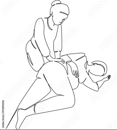 One continuous single drawing line art flat doodle  women, horizontal, massage, osteopath, pregnant, only pregnant women. Isolated image hand draw contour on a white background

