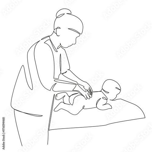 One continuous single drawing line art flat doodle  hand, person, baby, care, child, doctor, massaging, physical therapy, massage, horizontal. Isolated image hand draw contour on a white background
