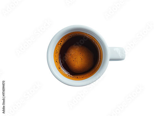 Small cup of rich espresso coffee served in a white ceramic cup, top view. PNG transparent.