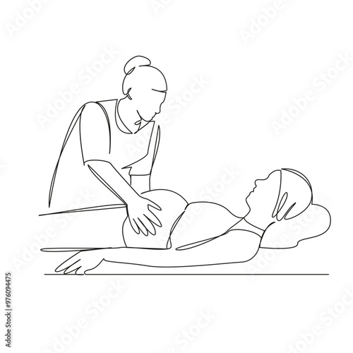 One continuous single drawing line art flat doodle  female, massaging, abdomen, pregnant, hand, pregnancy, stomach, tummy, health care. Isolated image hand draw contour on a white background
