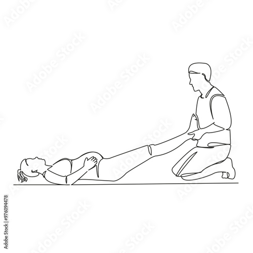 One continuous single drawing line art flat doodle horizontal, women, pregnant, adults, exercises, foot massage, osteopath. Isolated image hand draw contour on a white background
