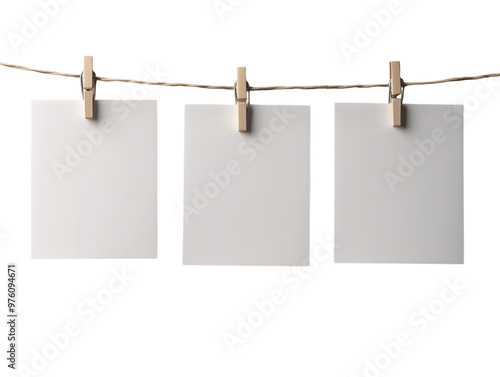 Empty Polaroid photos hanging on a clothesline with clothespins.  PNG transparent. photo