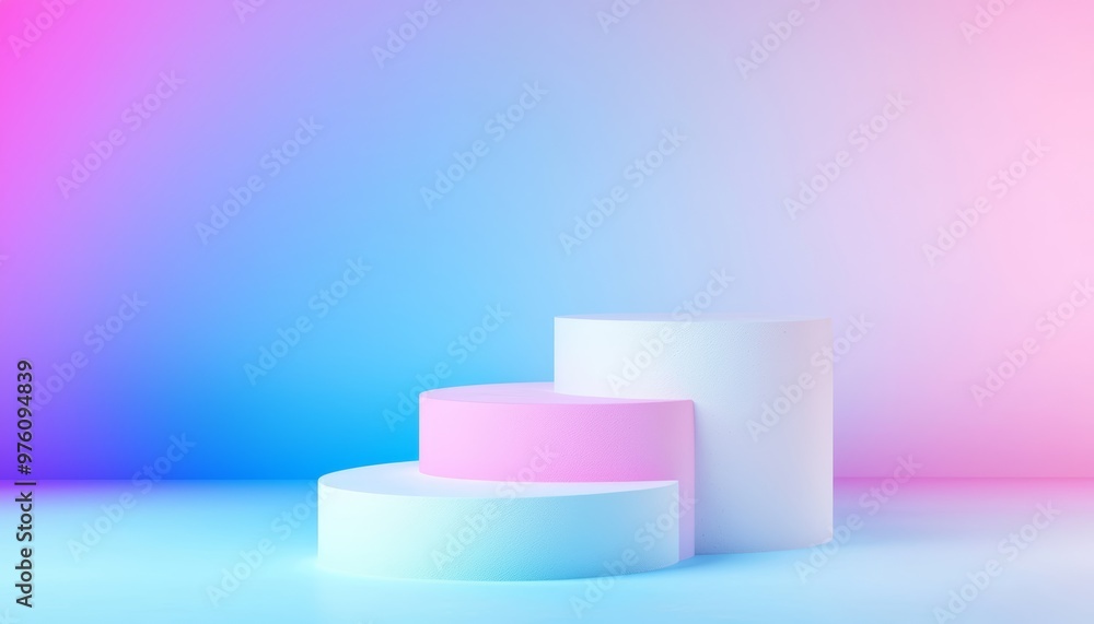 A modern display of three-dimensional pedestals with vibrant pastel colors. Perfect for showcasing products or creative presentations. A modern display of three-dimensional pedestals with vibrant pastel colors. Perfect for showcasing products or creative presentations.
