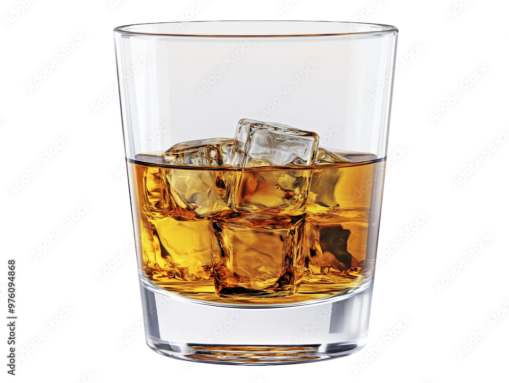 Glass of whiskey with ice cubes, isolated on white background. PNG transparent. Glass of whiskey with ice cubes, isolated on white background. PNG transparent.