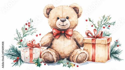 Christmas Cute Teddy Bear Sitting Next To Presents And Sprigs Of Mistletoe Watercolor Illustration For Childrens Book Adorable Holiday Bear Festive Gifts Mistletoe Whimsical