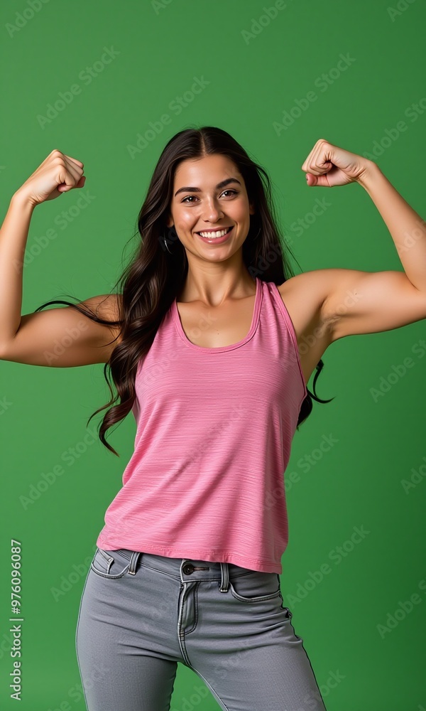 Young woman showing strength gesture with arms isolated on Pastel Color Background, Young woman showing strength gesture with arms isolated on Pastel Color Background,