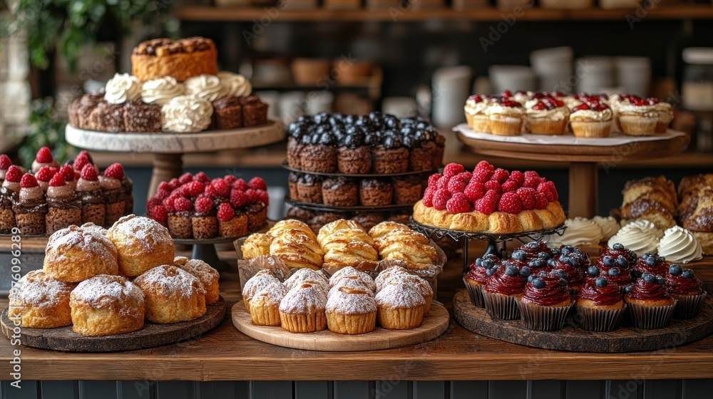 A display of assorted pastries and desserts in a bakery setting. A display of assorted pastries and desserts in a bakery setting.