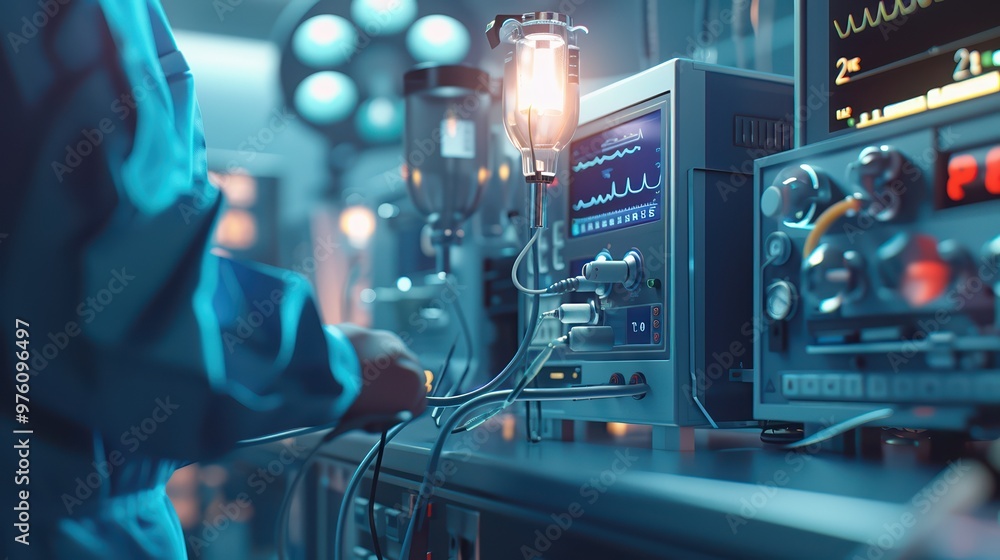 A medical professional operates advanced monitoring equipment in a hospital setting, ensuring patient safety and care. A medical professional operates advanced monitoring equipment in a hospital setting, ensuring patient safety and care.