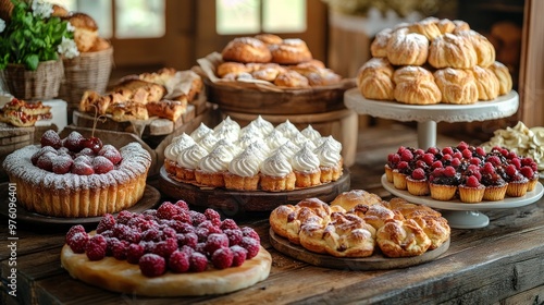 A delightful display of assorted pastries and desserts on wooden tables.