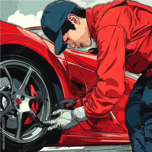 Vector art of a paintless dent repair technician working on a sports car tire. Dynamic automotive illustration perfect for repair industry designs.