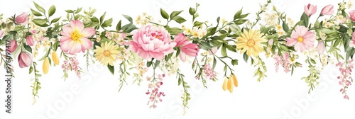 This stunning watercolor floral arrangement showcases a vibrant collection of spring flowers set against a crisp white background, making it an ideal choice for decoration and design projects