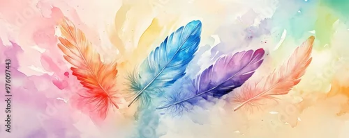 Panel kuchenny z motywem Colorful watercolor feathers on pastel background, artistic expression concept