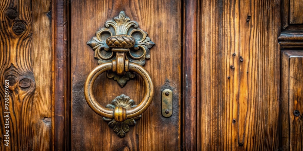 Stock photo of a close-up of an old wooden door with a brass knocker, signaling a traditional way of announcing visitors Stock photo of a close-up of an old wooden door with a brass knocker, signaling a traditional way of announcing visitors