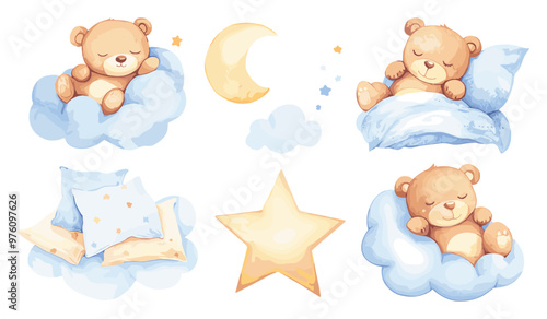 Cute Bear Cloud Sleeping Moon Lying Pillow Sleeping Under Blanket Watercolor Icons Set For Childrens Book Cozy Animal Illustrations