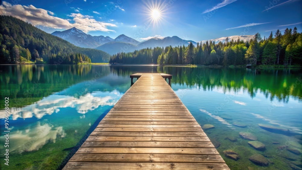 Wooden pier stretching out over a clear alpine lake in the summer sun Wooden pier stretching out over a clear alpine lake in the summer sun