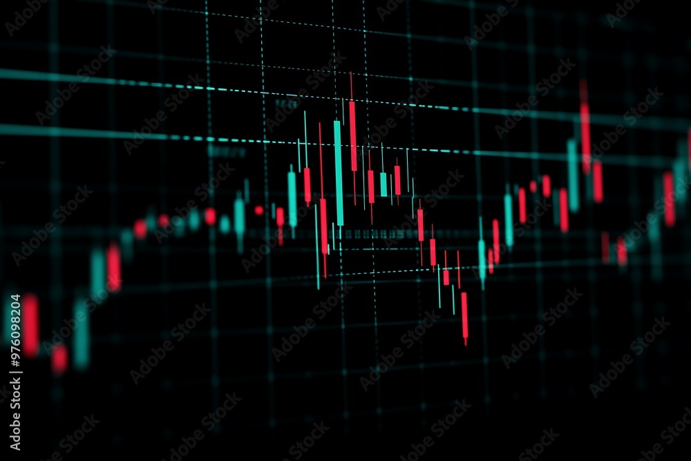 Stock market candlestick chart on a black background, with green and ...
