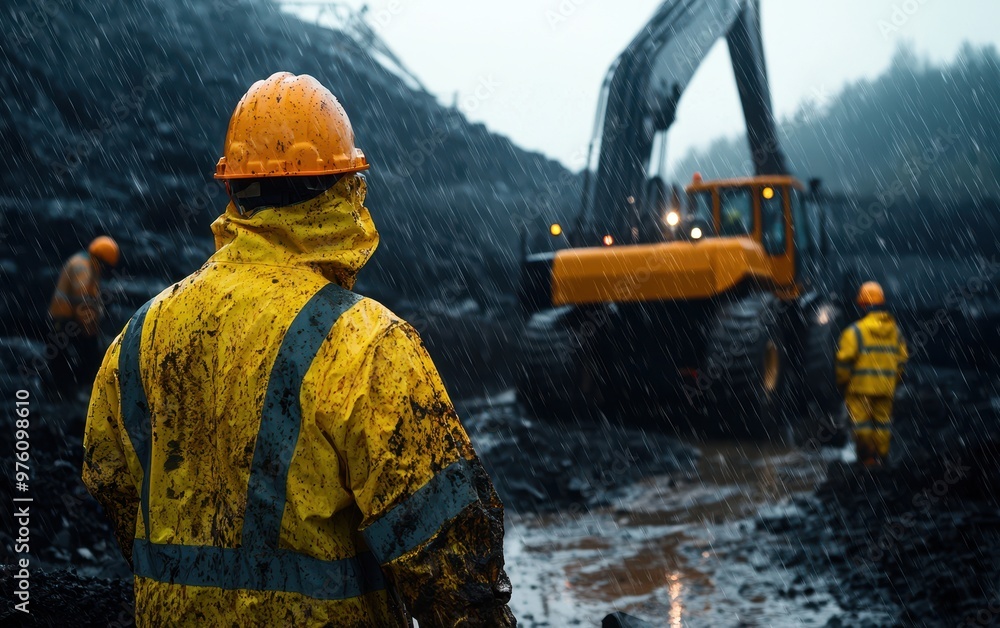 A construction worker observes heavy machinery in action during rainy weather on a job site, showcasing teamwork and dedication. A construction worker observes heavy machinery in action during rainy weather on a job site, showcasing teamwork and dedication.