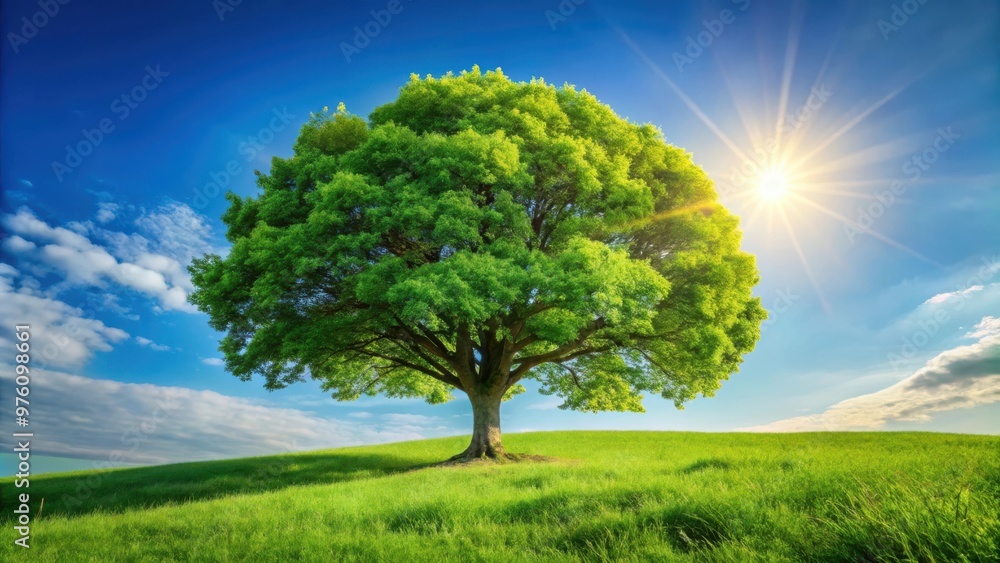 Lush green tree basking in the warm sunlight of a clear day Lush green tree basking in the warm sunlight of a clear day