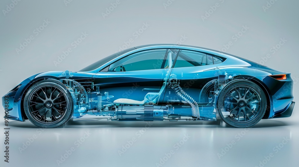 A transparent car with an electric motor and battery is displayed against a light blue background, with clear details. A transparent car with an electric motor and battery is displayed against a light blue background, with clear details.
