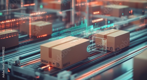  digital rendering of cardboard boxes on an assembly line, with data and graphs overlaying them to represent the tech aspect of e-commerce's integration into logistics