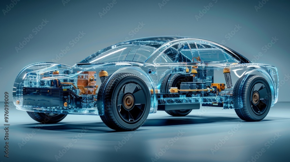 A transparent car with an electric motor and battery is displayed against a light blue background, with clear details. A transparent car with an electric motor and battery is displayed against a light blue background, with clear details.