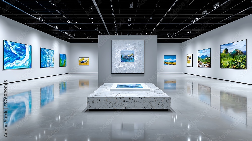 A modern art gallery, its white walls and marble floor pristine, hosts a collection of expressive paintings. A modern art gallery, its white walls and marble floor pristine, hosts a collection of expressive paintings.