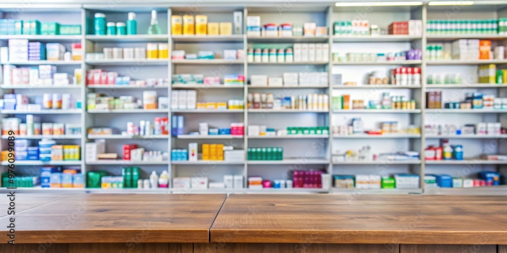 Pharmacy drugstore counter table with various medicines and healthcare products on shelves in a blurred abstract background Pharmacy drugstore counter table with various medicines and healthcare products on shelves in a blurred abstract background
