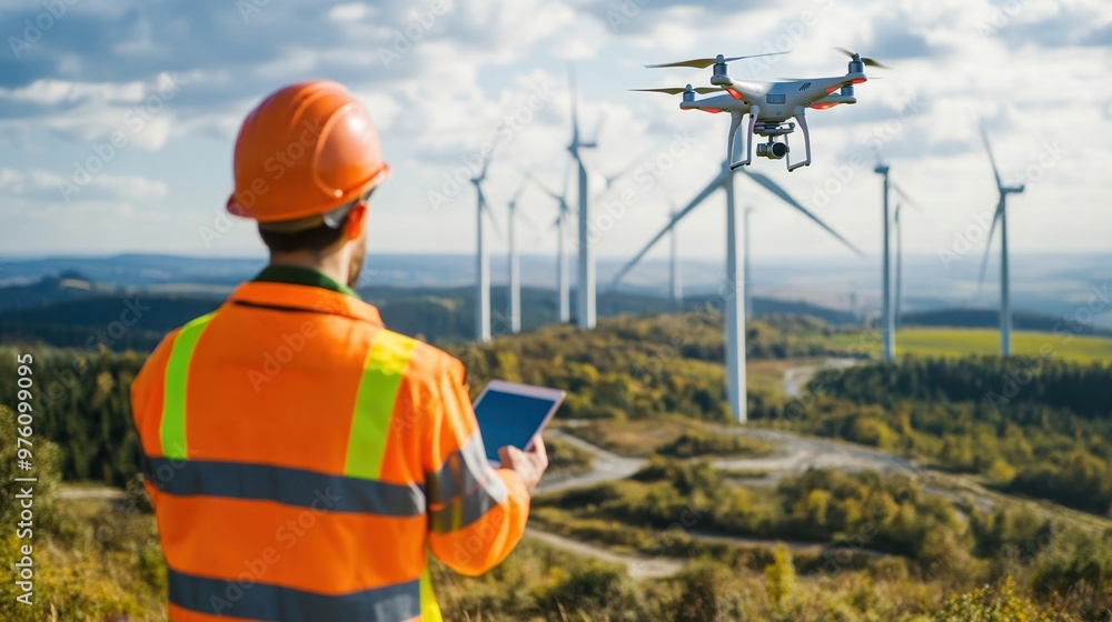 Engineer with a drone inspecting wind turbines, showcasing the use of modern technology in maintaining renewable energy installations Engineer with a drone inspecting wind turbines, showcasing the use of modern technology in maintaining renewable energy installations