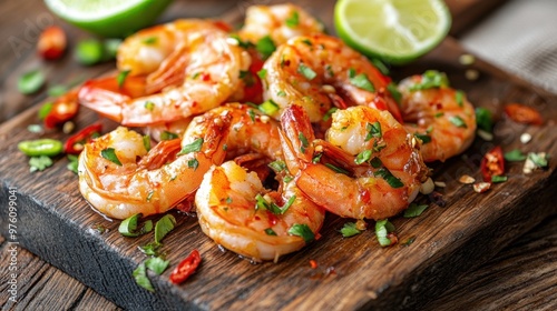 Detailed shot of dancing shrimp (goong ten), lime and chili scatter, rustic wooden surface photo