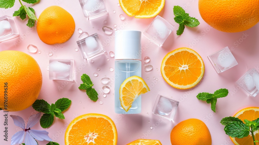 Refreshing Deodorant with Orange Slices, Ice, and Mint on Colorful Background Refreshing Deodorant with Orange Slices, Ice, and Mint on Colorful Background