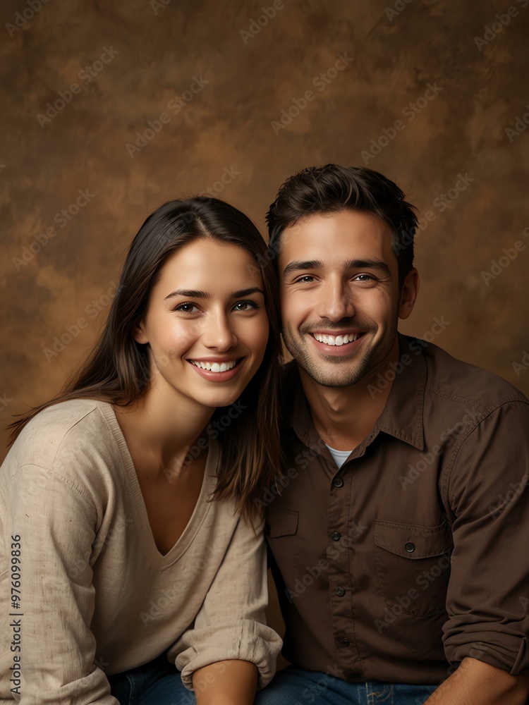 Friends smiling in a brown studio background. Friends smiling in a brown studio background.