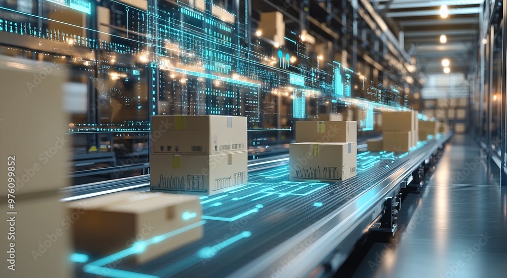 Smart warehouse management system using augmented reality technology to identify package picking and delivery . Future concept of supply chain and logistic business