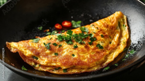 Thai-style omelet (kai jeow) mid-flip in wok, revealing fluffy interior, herb garnish  photo