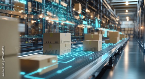 Obraz na płótnie Smart warehouse management system using augmented reality technology to identify package picking and delivery . Future concept of supply chain and logistic business
w salonie