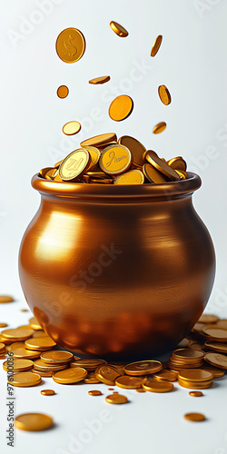 A pot filled with gold coins on a white background photo