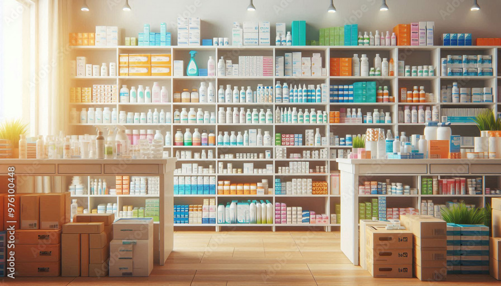 Warehouse refrigerator interior. Room with boxes on shelves. Cold storage for a factory. Warehouse refrigerator interior. Room with boxes on shelves. Cold storage for a factory.