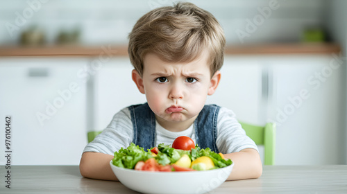 Unhappy little boy don't want to eat salad and fruit on bowl at the table Stop Don't want vegetable anymore photo