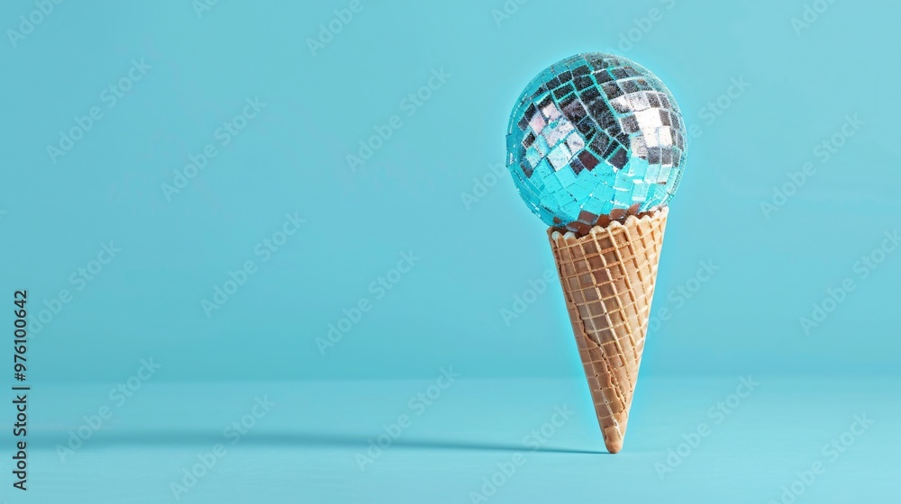 Glamorous Disco Ball in Ice Cream Cone on Blue Background Glamorous Disco Ball in Ice Cream Cone on Blue Background