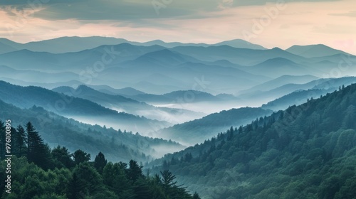 A panoramic view of the Smokey Mountains with layers of mist and forest