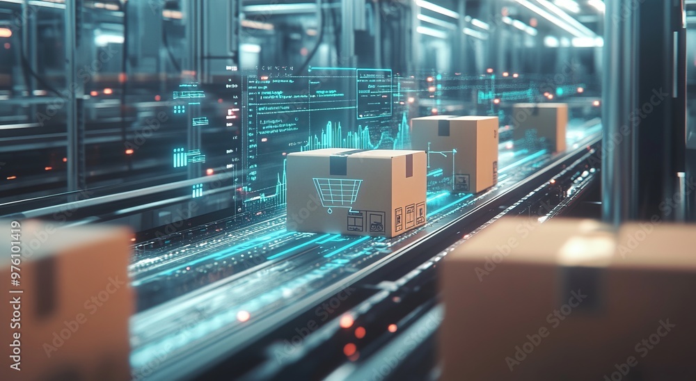 Smart warehouse management system using augmented reality technology to identify package picking and delivery . Future concept of supply chain and logistic business