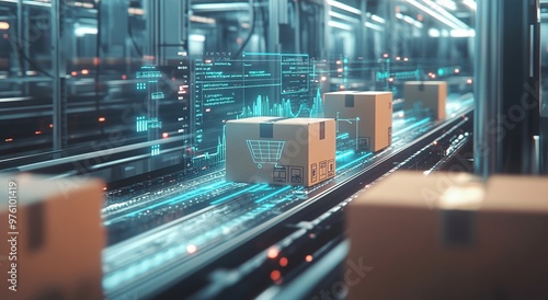 Obraz na płótnie Smart warehouse management system using augmented reality technology to identify package picking and delivery . Future concept of supply chain and logistic business
w salonie