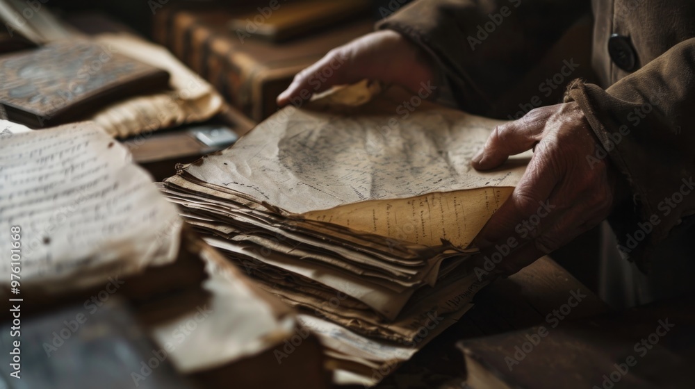 A person carefully handling and examining an old manuscript or document A person carefully handling and examining an old manuscript or document