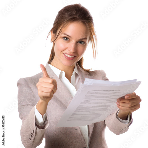 A PR specialist pointing at a press release document, with a friendly and persuasive expression. isolated on transparency background photo