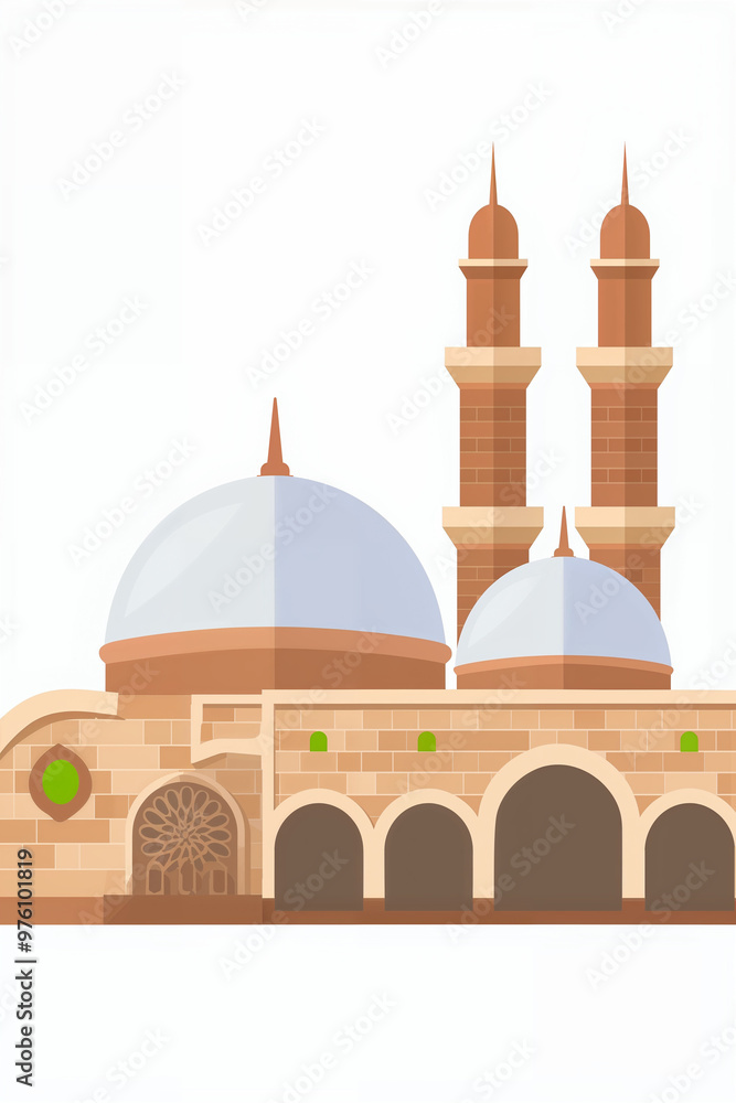 Fototapeta premium Flat Design Mosque with Blue Domes and Brown Minarets on White Background